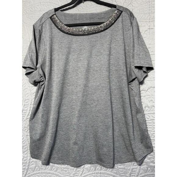 A.n.a Women's Shirt Blouse ~ Sz 3X ~ Gray ~ Short Sleeve ~ Bling around Neck - Picture 2 of 9